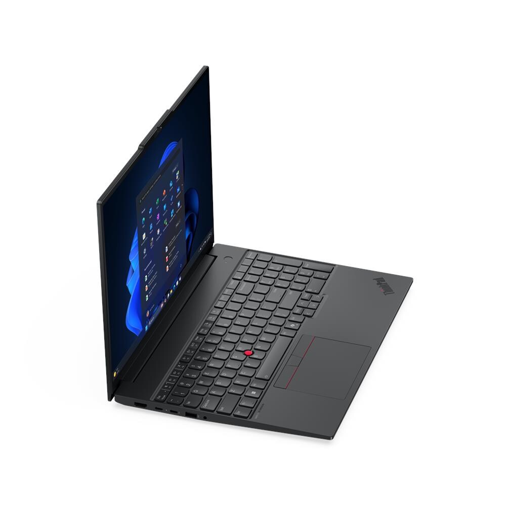 Notebook Lenovo ThinkPad E16 Gen 3 visto lateralmente con schermo aperto, design sottile e porte multiple per connettività avanzata. Notebook Lenovo ThinkPad E16 Gen 3 visto lateralmente con schermo aperto, design sottile e porte multiple per connettività avanzata.